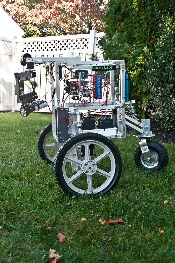 This homemade remotely-operated robot sports night vision cameras for patrolling in the dark