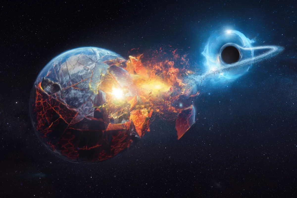 A visualization depicting what would happen if the Earth were to encounter a black hole