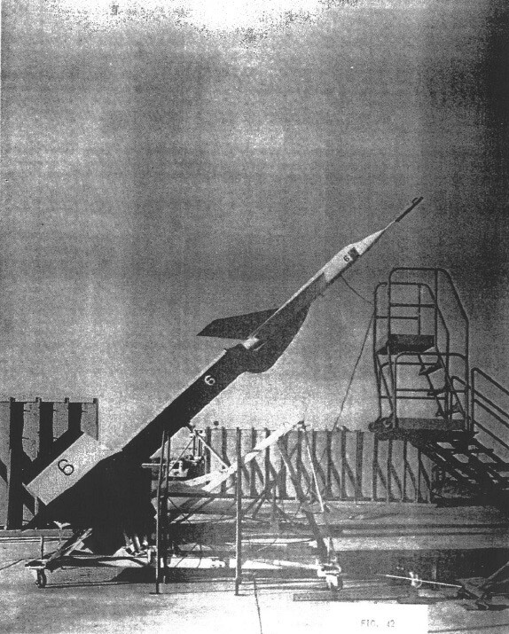 One of the Arrow flight models, mounted atop a booster rocket