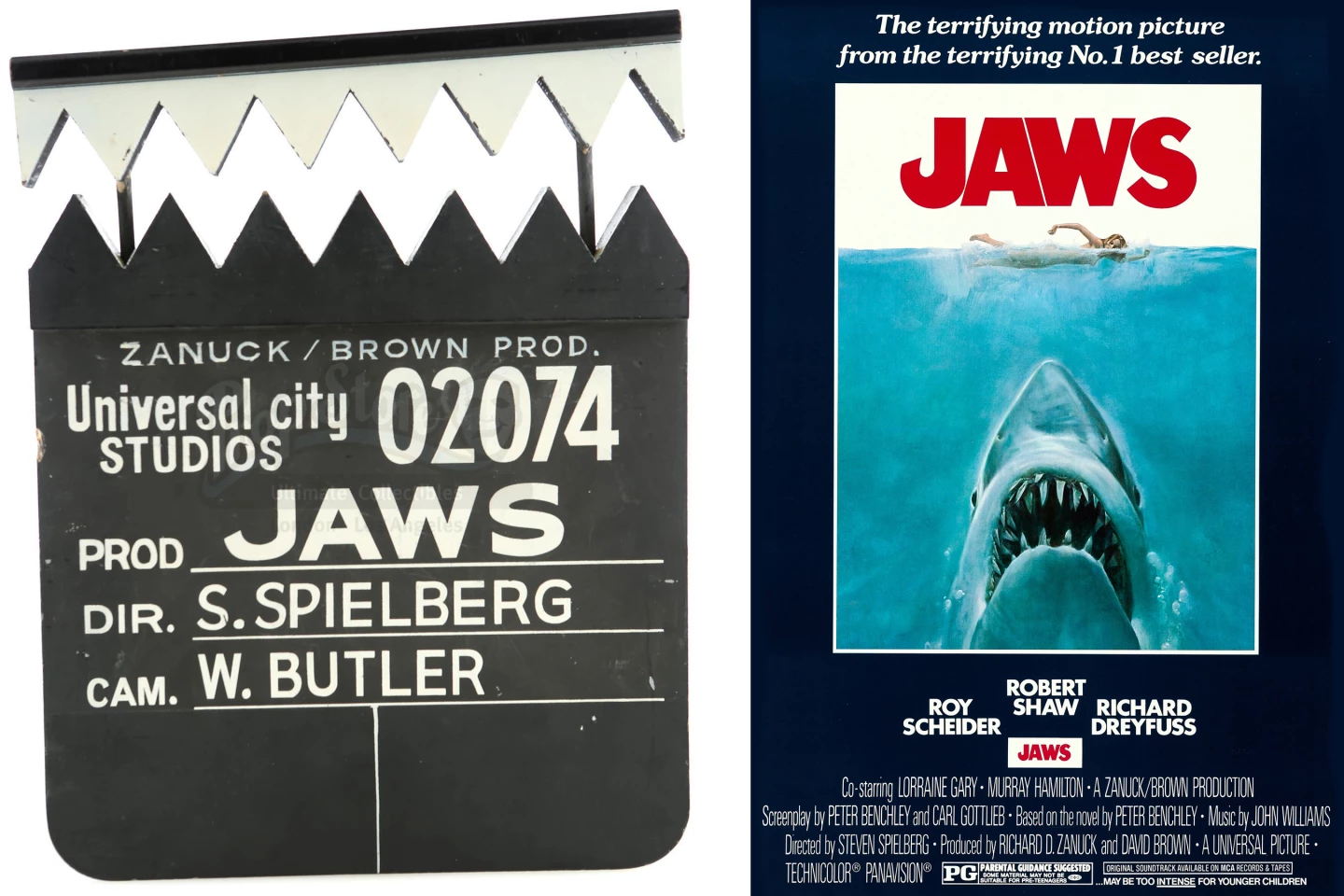 The shark tooth clapperboard from the production of Steven Spielberg's JAWS (1975) | Estimate: $25,000 to $35,000 | Propstore Entertainment Memorabilia Live Auction | Los Angeles | 26 & 27 August 2020