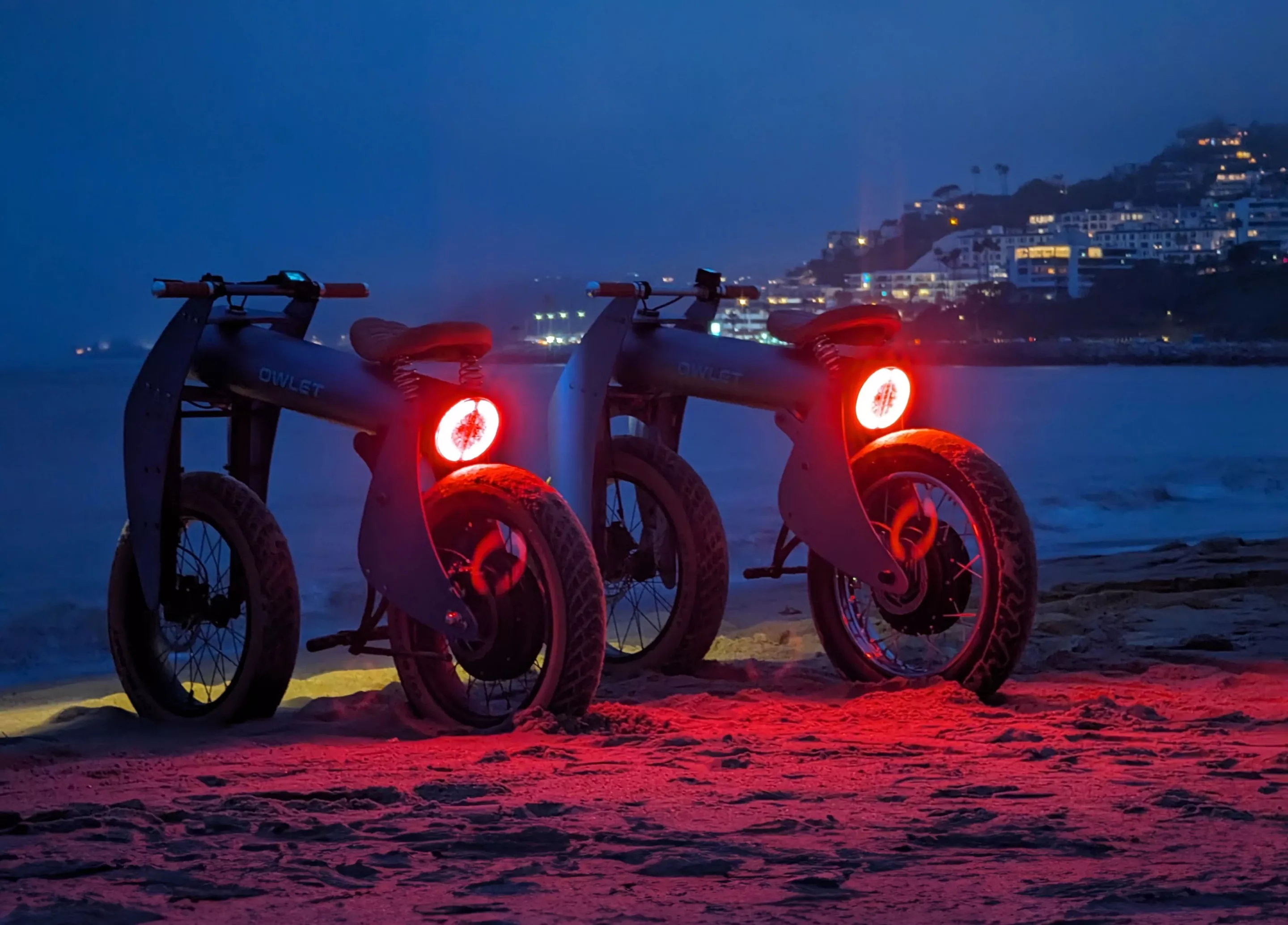 Fat tires, springy seat, suspension fork, powerful motor and integrated lighting cater for after-dark beach rides