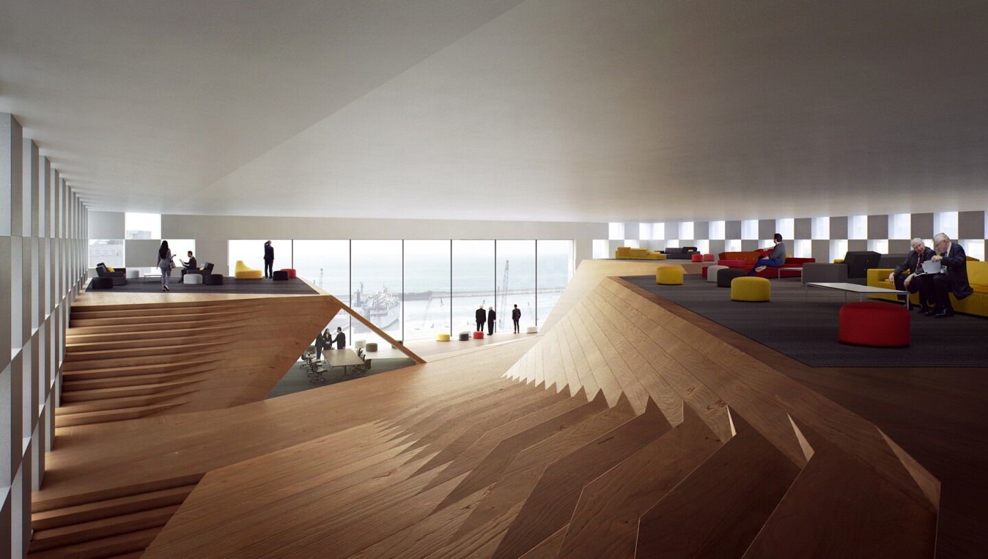 Workspaces in the private, administrative portion of the building are focused around the exterior terraces