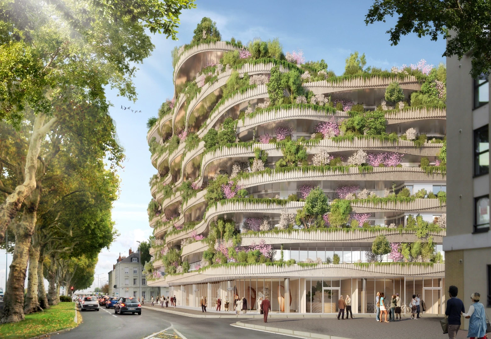 Arboricole's wave-like facade with integrated balconies would be made from limestone