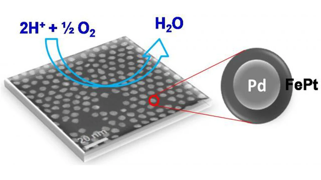 The multi-metallic nanoparticle created for fuel-cell reactions uses a palladium core and an iron-platinum shell (Image: Vismadeb Mazumder & Shouheng Sun, Brown University)
