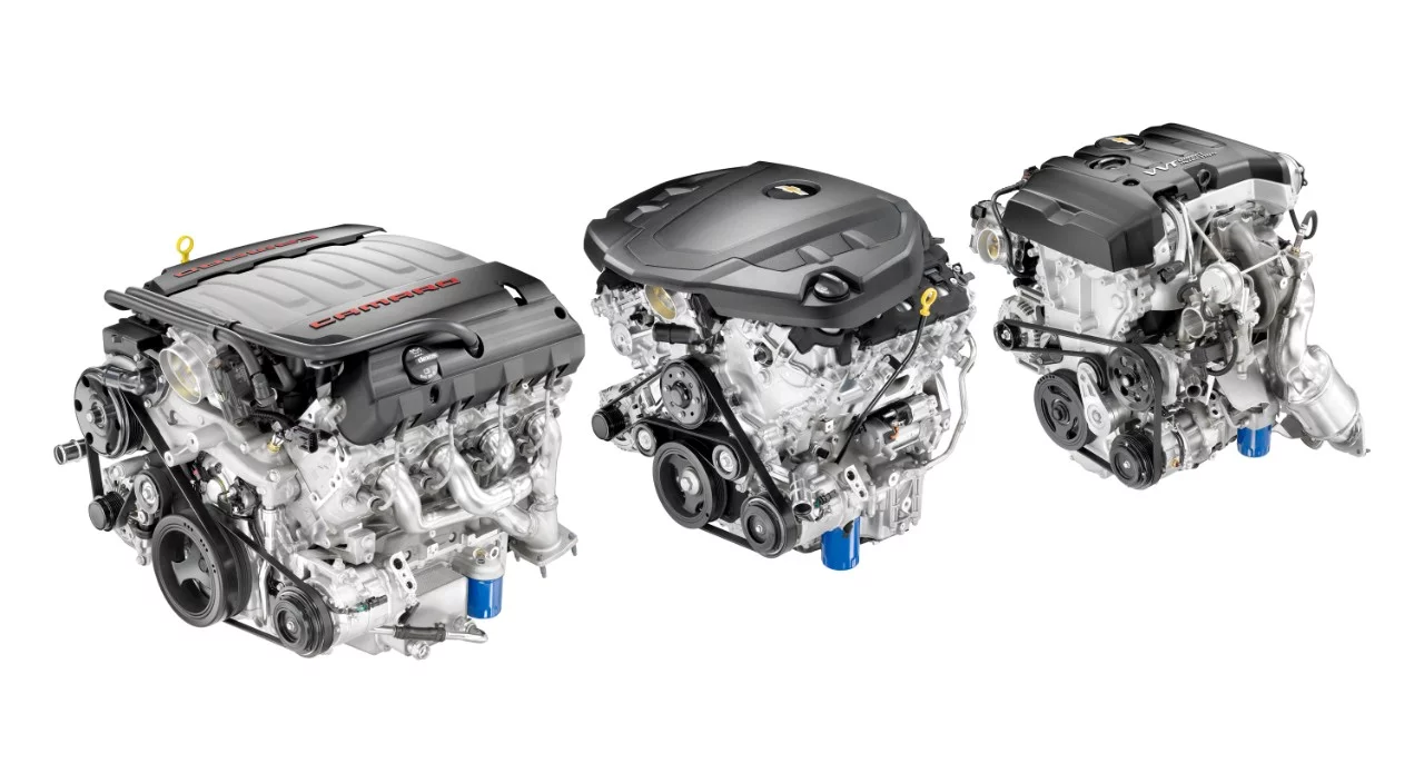 The engine lineup for the 2016 Chevrolet Camaro includes a four-cylinder (far right), a V6 (center), and a monster V8 (left)