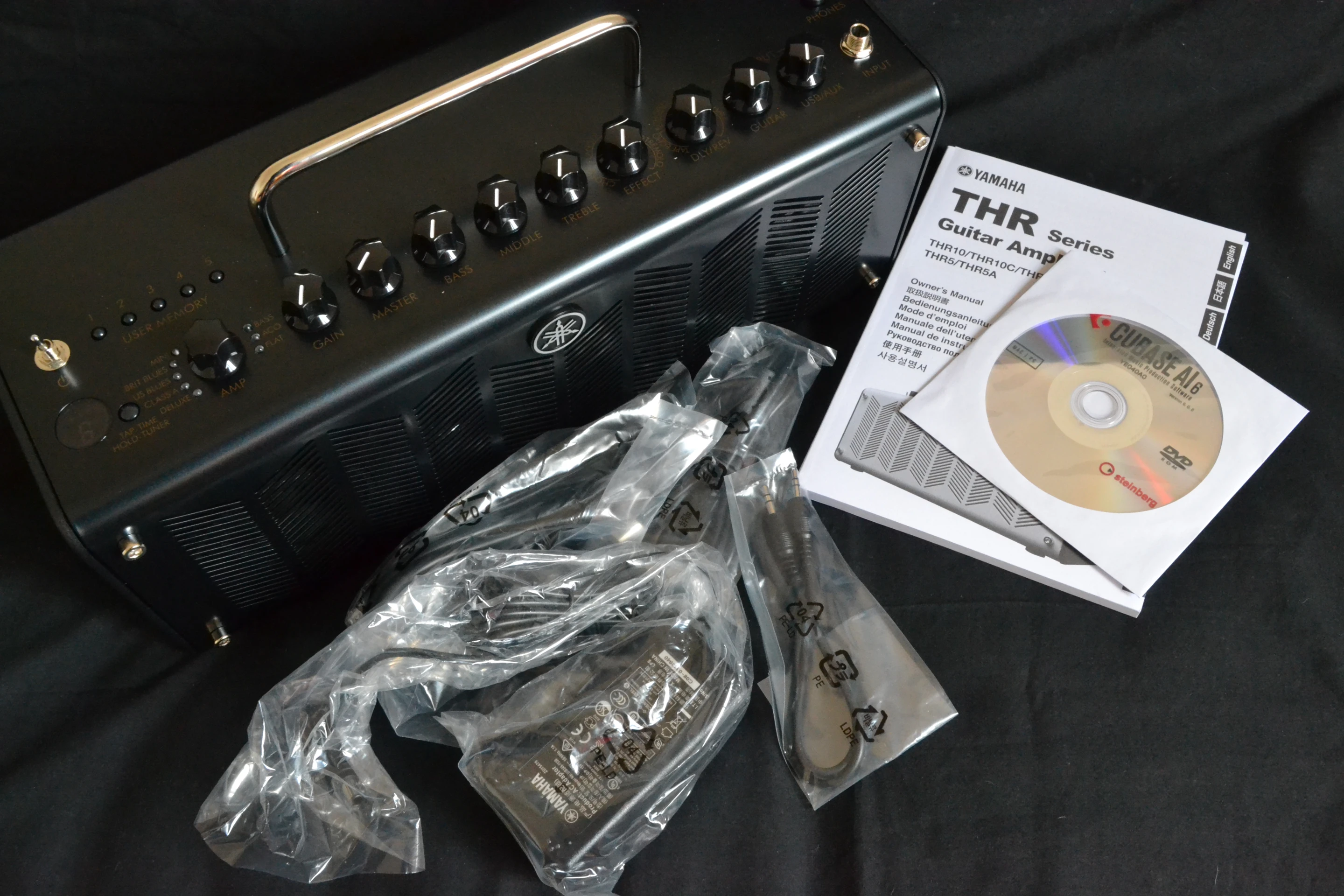 In the box: the THR10C amp, AC adapter, USB cable, Stereo mini cable, owner's manual and Cubase AI 6 DVD