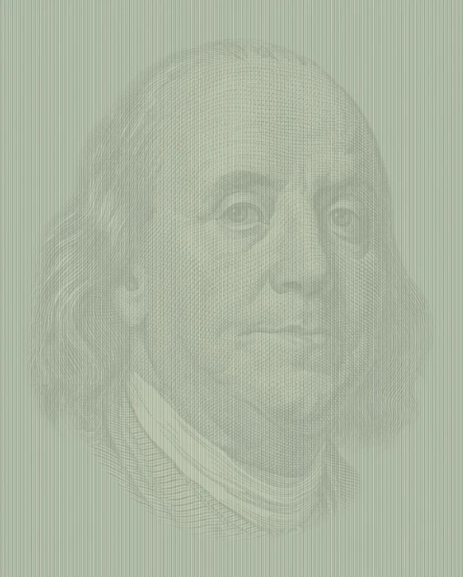 125,000 one hundred dollar bills (US$12.5 million) form a portrait of Benjamin Franklin to represent the amount spent hourly on the Iraq war (Photo: Chris Jordan)