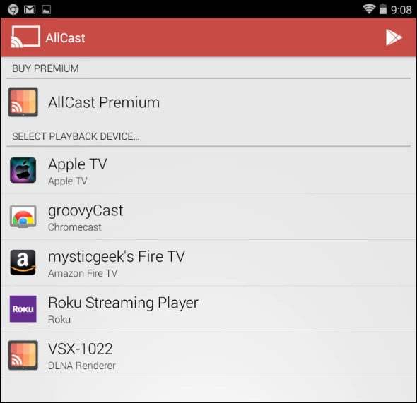 Select Fire TV from the list of devices to stream to
