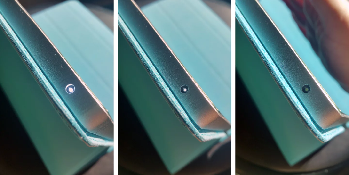 Solartab's indicator LED glows bright with full sun (left), dims when slightly obscured (middle), and shuts off with insufficient sunlight (right)