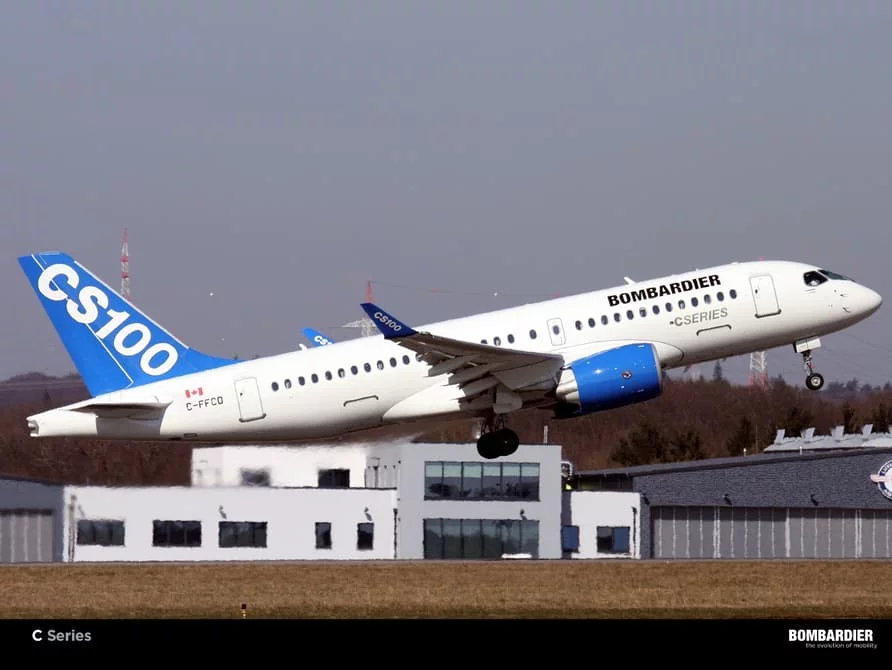 The Bombardier CS100 takes flight