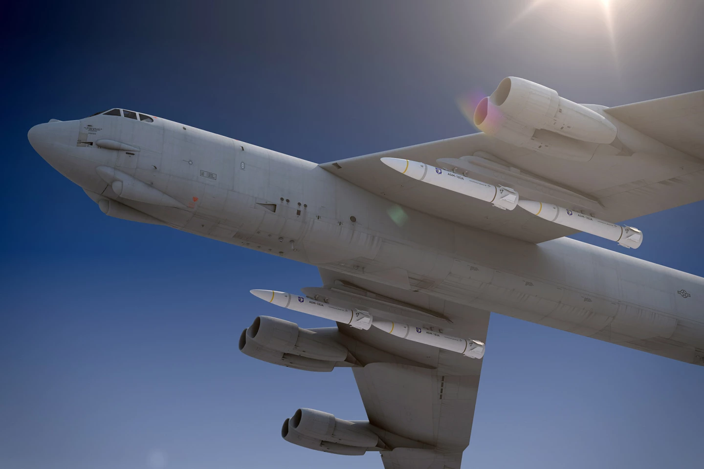 Rendering of a US Air Force B-52 Stratofortress carrying four AGM-183 ARRW hypersonic weapons