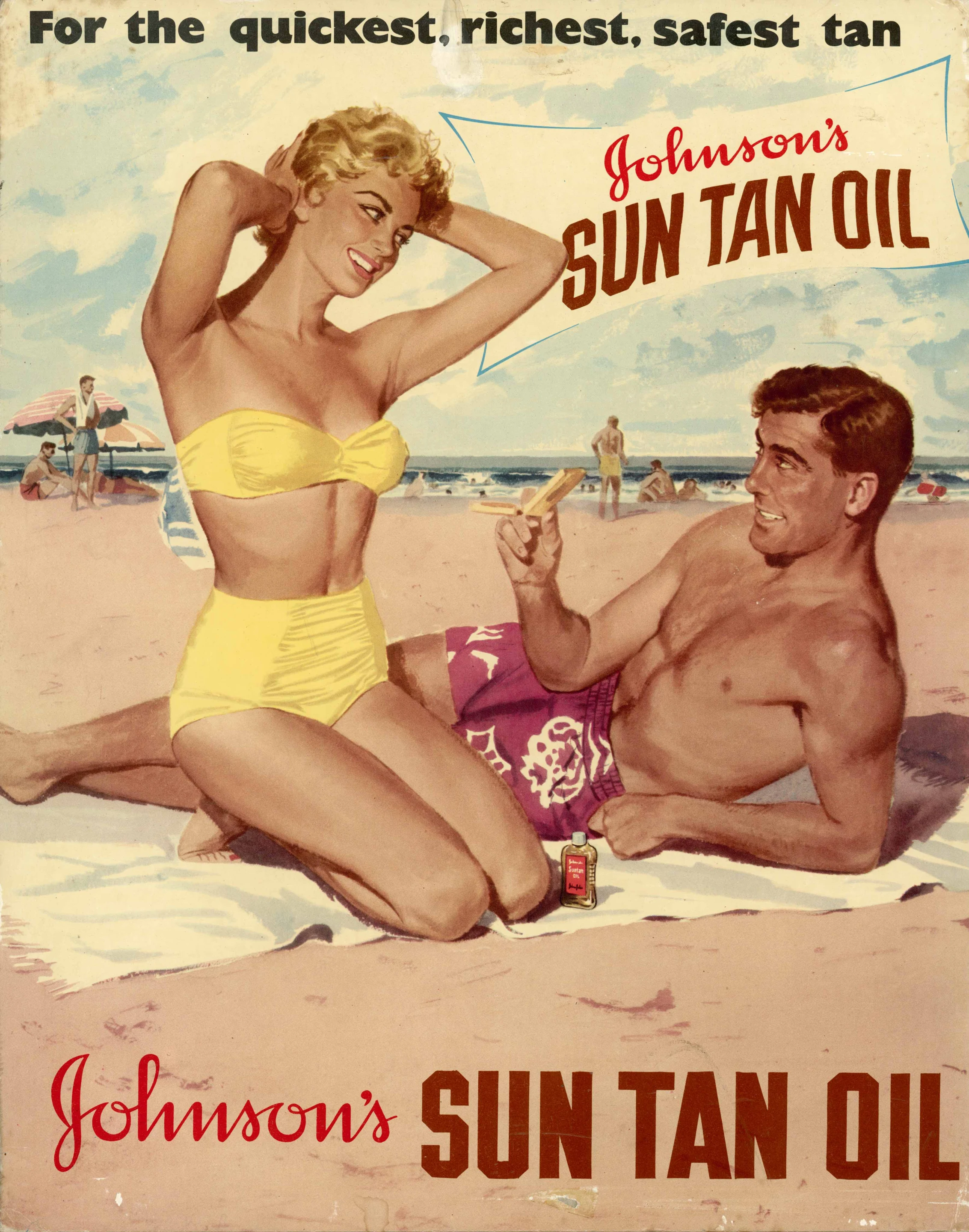 Beach advertising poster for Johnson's sun tan oil. The beach symbolized health and happiness - a scene commonly featured on posters during the 1950s. As the appeal of sunbathing and tanning grew, swimsuits became smaller