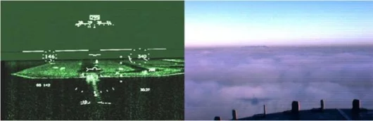 On the left is a RADAR generated HUD image seen by the pilot - at right is the pilot's unaided view