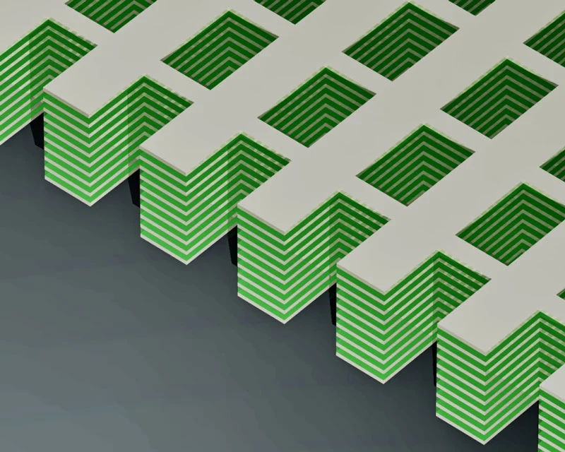 A schematic of the first 3-D "fishnet" metamaterial that can achieve a negative index of refraction at optical frequencies. The alternating layers form small circuits that can bend light backwards. (Image: Jason Valentine/UC Berkeley)