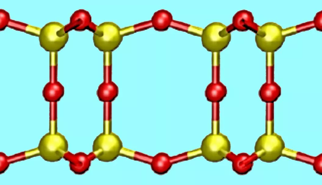 A cartoon of the one-molecule thick layer of silica glass showing the pyramid-like bonding of the silicon and oxygen atoms (Image: