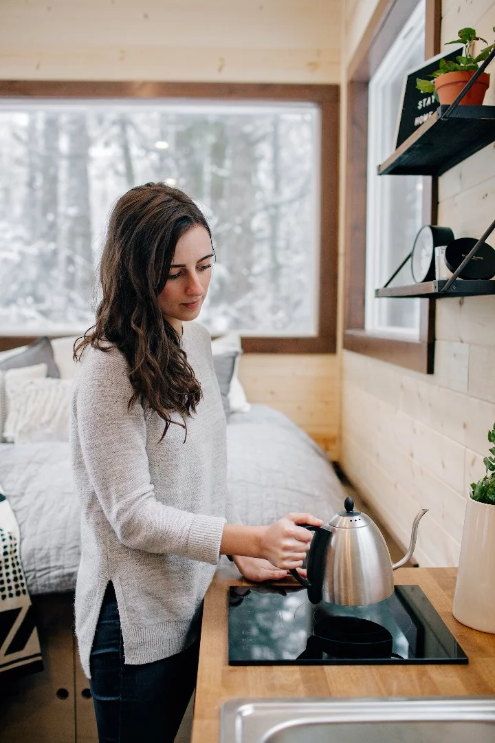 The Vantage's kitchenette includes stove and fridge