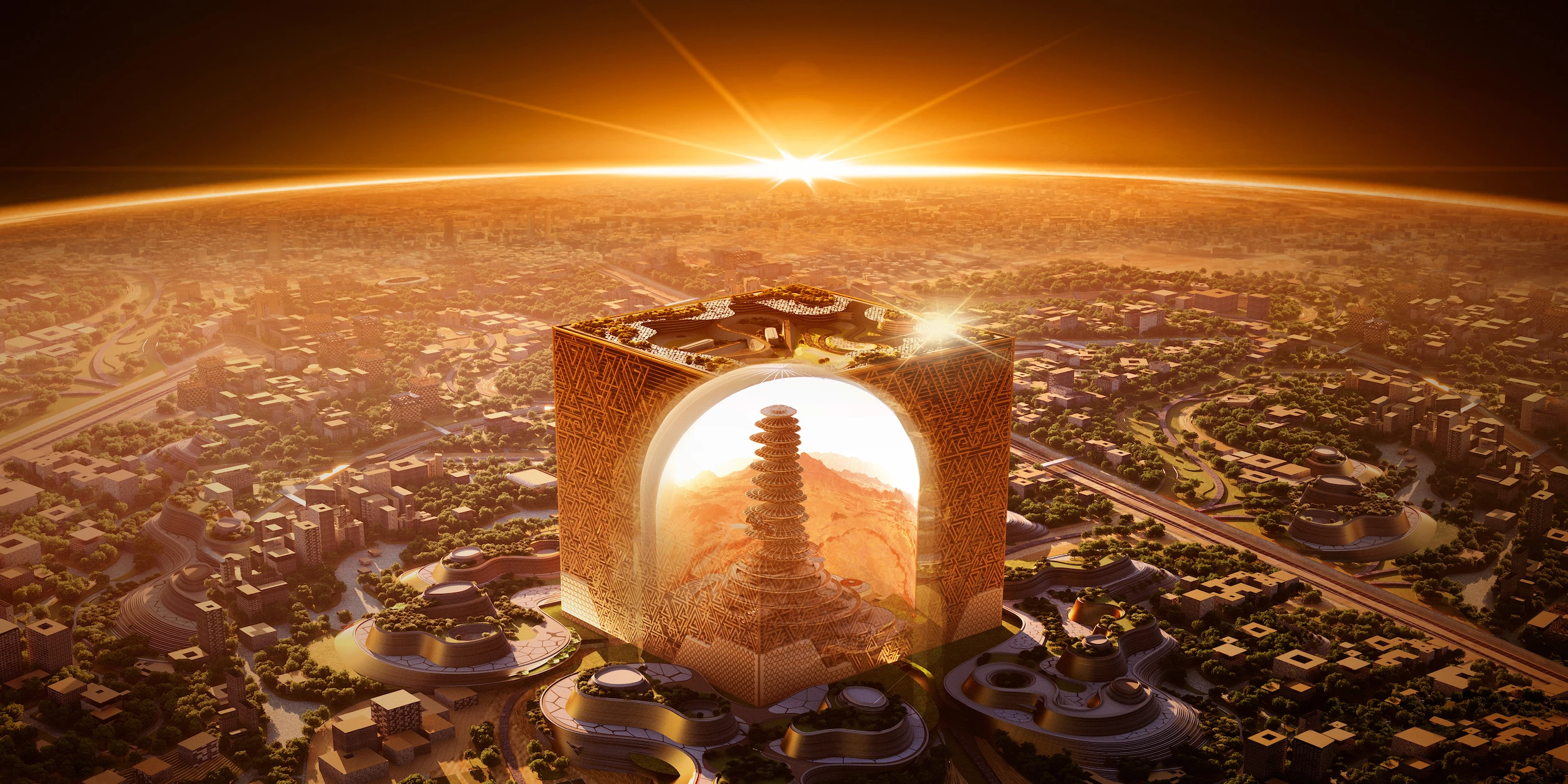The Mukaab will feature a huge interior that will host a twisting tower, rendered here in cutaway view but the outer walls of the cube will be solid when construction is complete