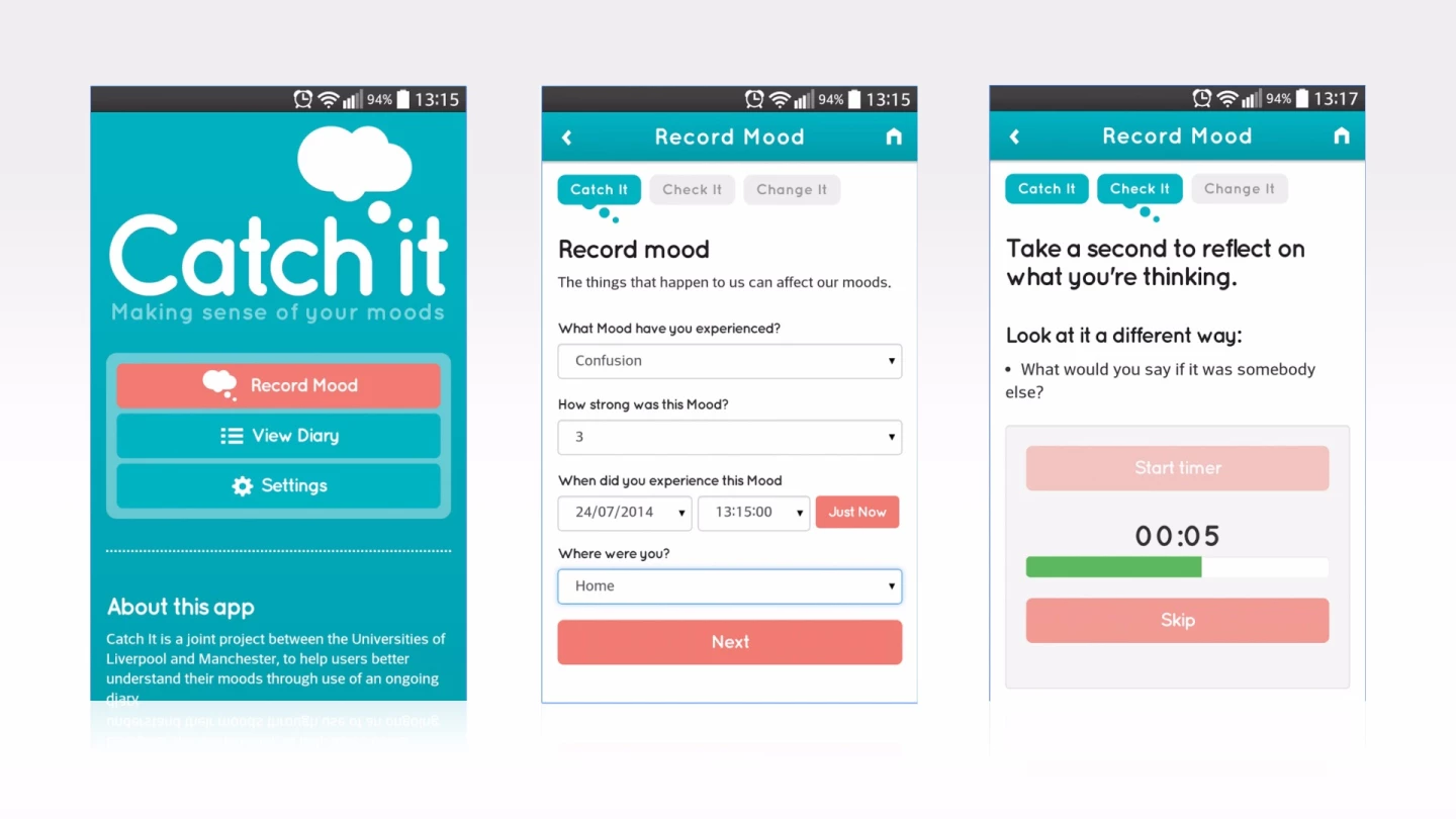 The University of Liverpool research showed that using the Catch It app resulted in significant reductions in negative mood intensity and increases in positive mood intensity