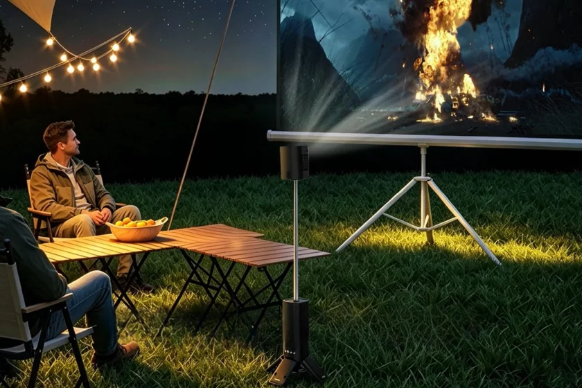 The telescoping tower format allows the Z01 to be deployed straight from the ground, beaming content onto a campsite screen without requiring a dedicated tabletop
