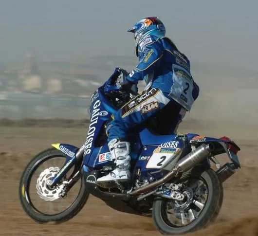 Cyril Despres won hist first Dakar Rally this week, riding a Gauloises-sponsored KTM. Pic - G. Soldano