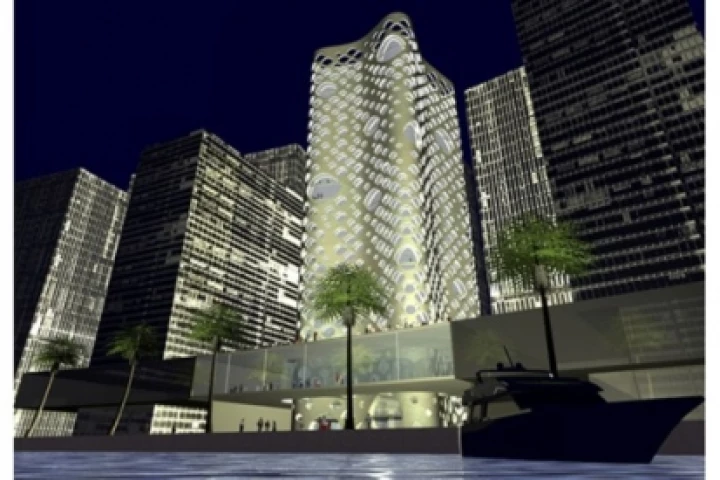 Dubai's innovative O-14 office tower has a perforated concrete shell which acts as its structure and facade: over 1,000 holes in the shell provide light, shade, air and views and assist passive solar technology