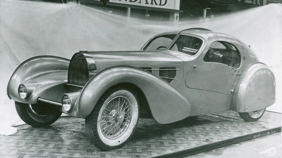The fabled Bugatti Aérolithe concept car designed by Jean Bugatti in 1935. The car was constructed of Elektron magnesium alloy and could not be welded, so a riveted "dorsal fin" design was used. Though the three Atlantic Coupés used aluminum alloy, and could have been welded, the distinctive design endured. The Aérolithe Concept Car was lost to the register many decades ago and no-one has ever been able to trace what happened to it. If it were found, it would most likely become the most valuable car in the world.