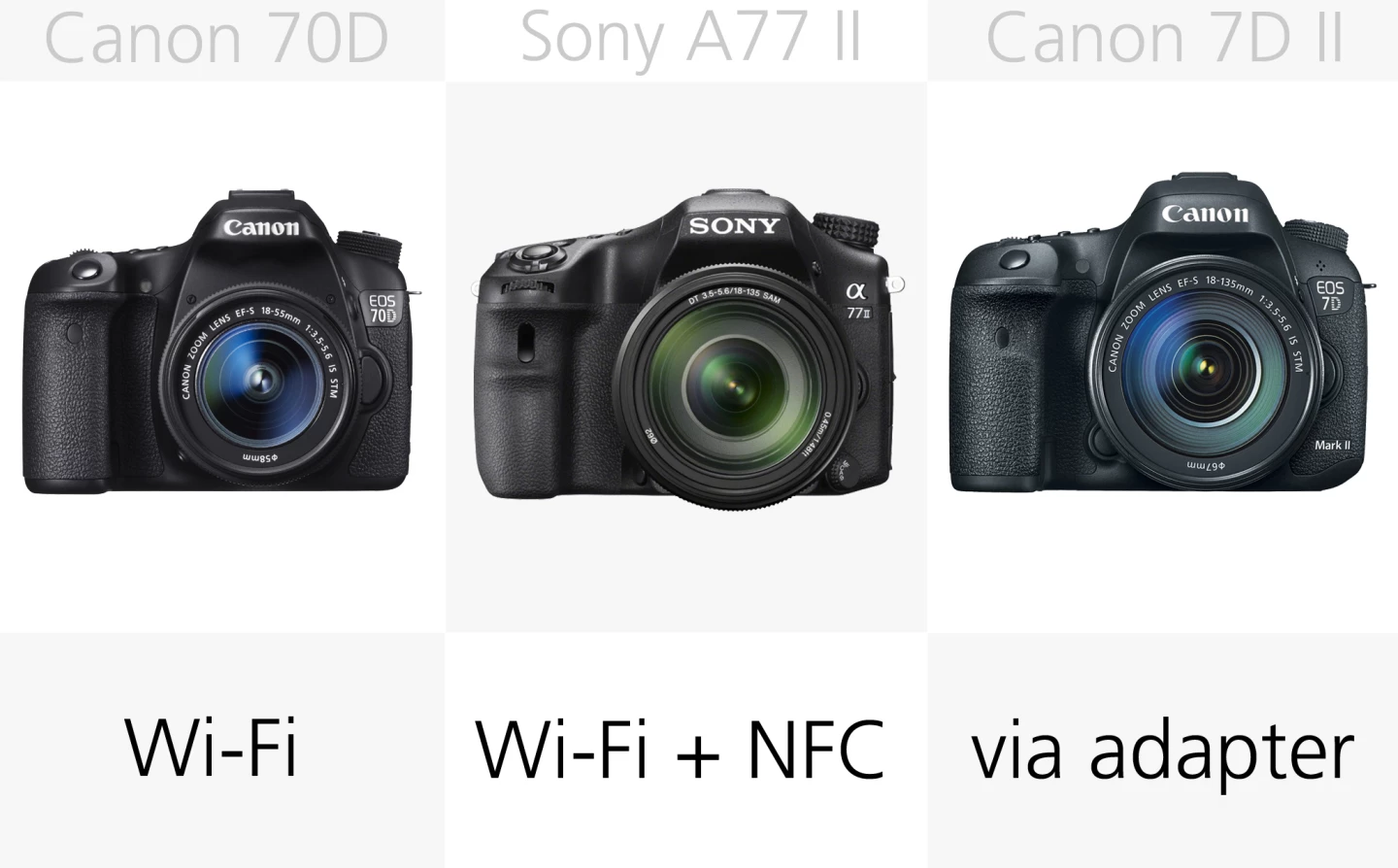 The Canon 70D and Sony A77 II come with built-in wireless abilities