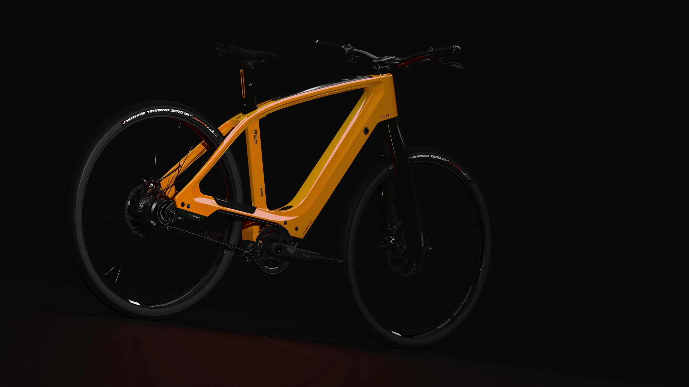 The Evari 856 has been built using carbon fiber for the frame, fork, seatpost, drop-outs, wheel rims, motor cover, top tube cover, handlebar and stem