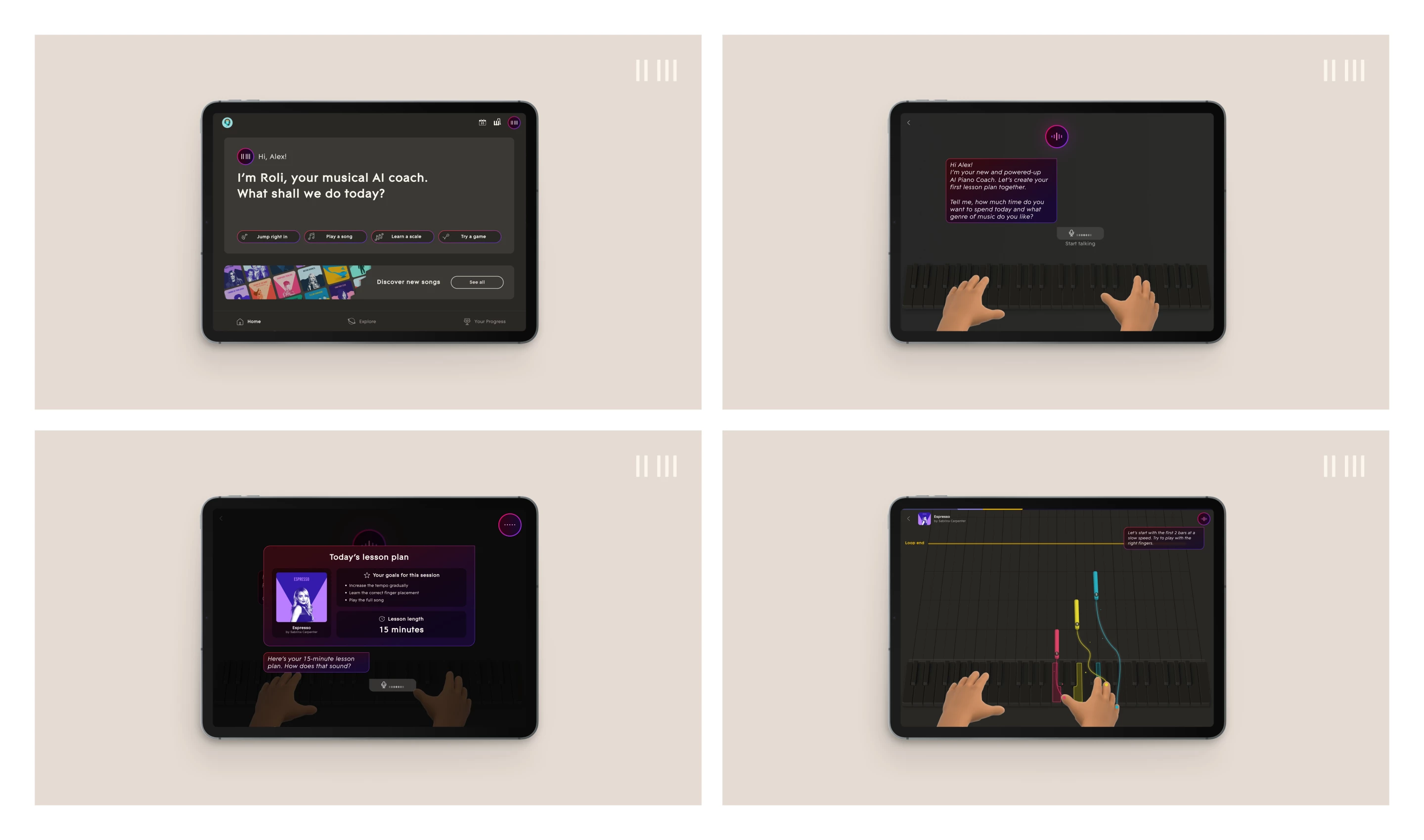 The AI Music Coach interface asks users to choose how they want to practice, adapting each session dynamically rather than following fixed lessons
