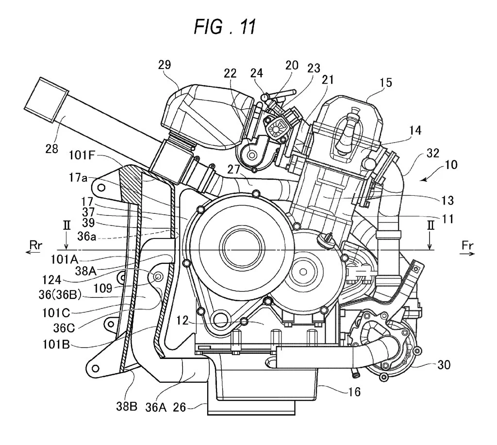 The engine that Suzuki patented reveal an in-line twin engine with a turbo system installed at the front and the intercooler positioned behind the cylinder (number 28 in the drawing)