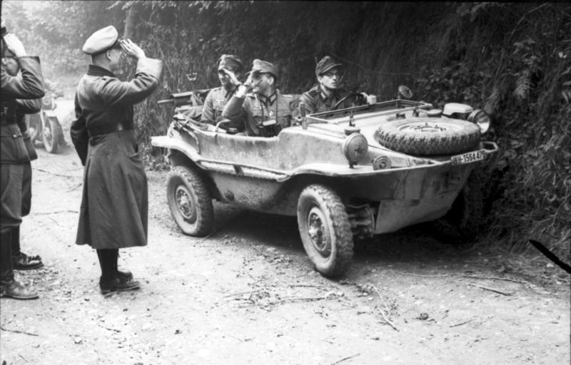 A Volkswagen Type 166 Schwimmwagen amphibious vehicle. Though the Trppelwerke SG-6 was produced in the hundreds, Ferdinand Porsche's Volkswagen Schwimmenwagen was more functional, cheaper (by half) and was produced in much greater quantities. More Type166 Schwimmenwagens were produced than any other amphibious vehicle in history though they were all part of the German WWII war effort and very few survive today.