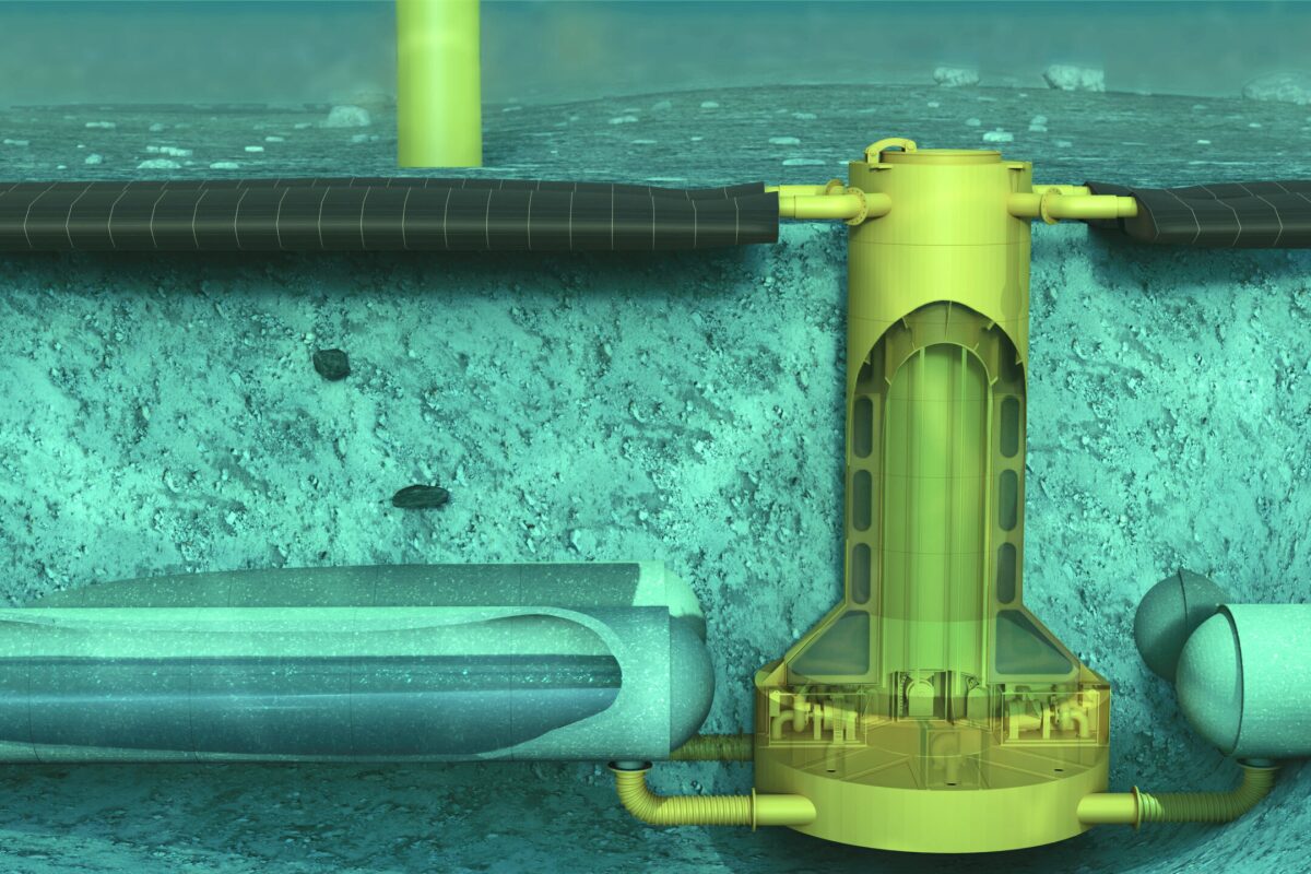 The main components of the Ocean Battery system: the flexible bladder (top left), the concrete reservoirs (bottom left) and the machinery units (yellow, center) containing pumps and turbines