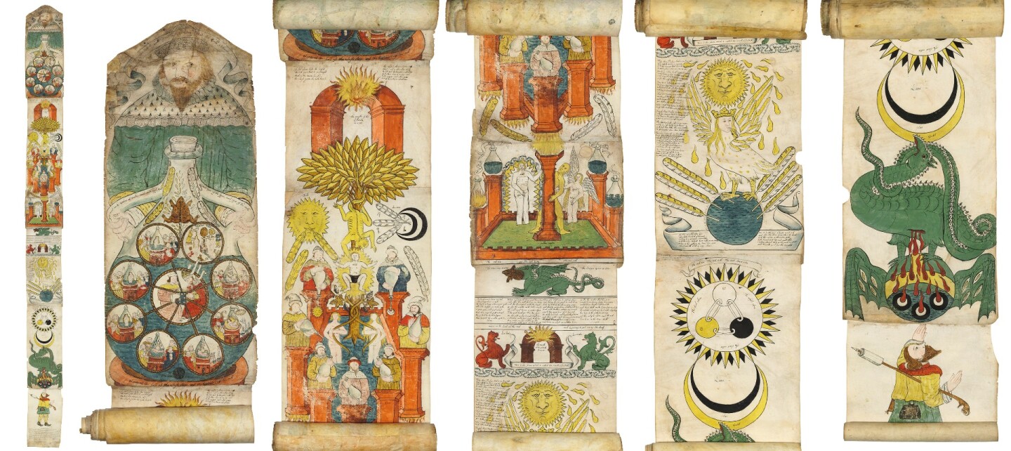 The Ripley Scroll is attributed to Sir George Ripley (circa 1415-1490), and is a 3.7-meter-long (12-ft) illustrated manuscript of which there are just 23 known copies. Twenty-two of those copies are in museums and libraries, with just one copy in private hands, and that copy went to auction in London at Christies Valuable Books and Manuscripts Sale on December 13, 2017. The Ripley Scroll, sold for $781,460 (GBP £584,750) at Christies on December 13, 2017.