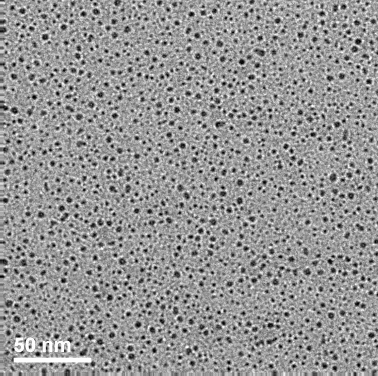 Nitrogen-doped graphene quantum dots, as seen in this transmission electron microscope image, have been found to perform as well as copper at converting CO2 into fuels