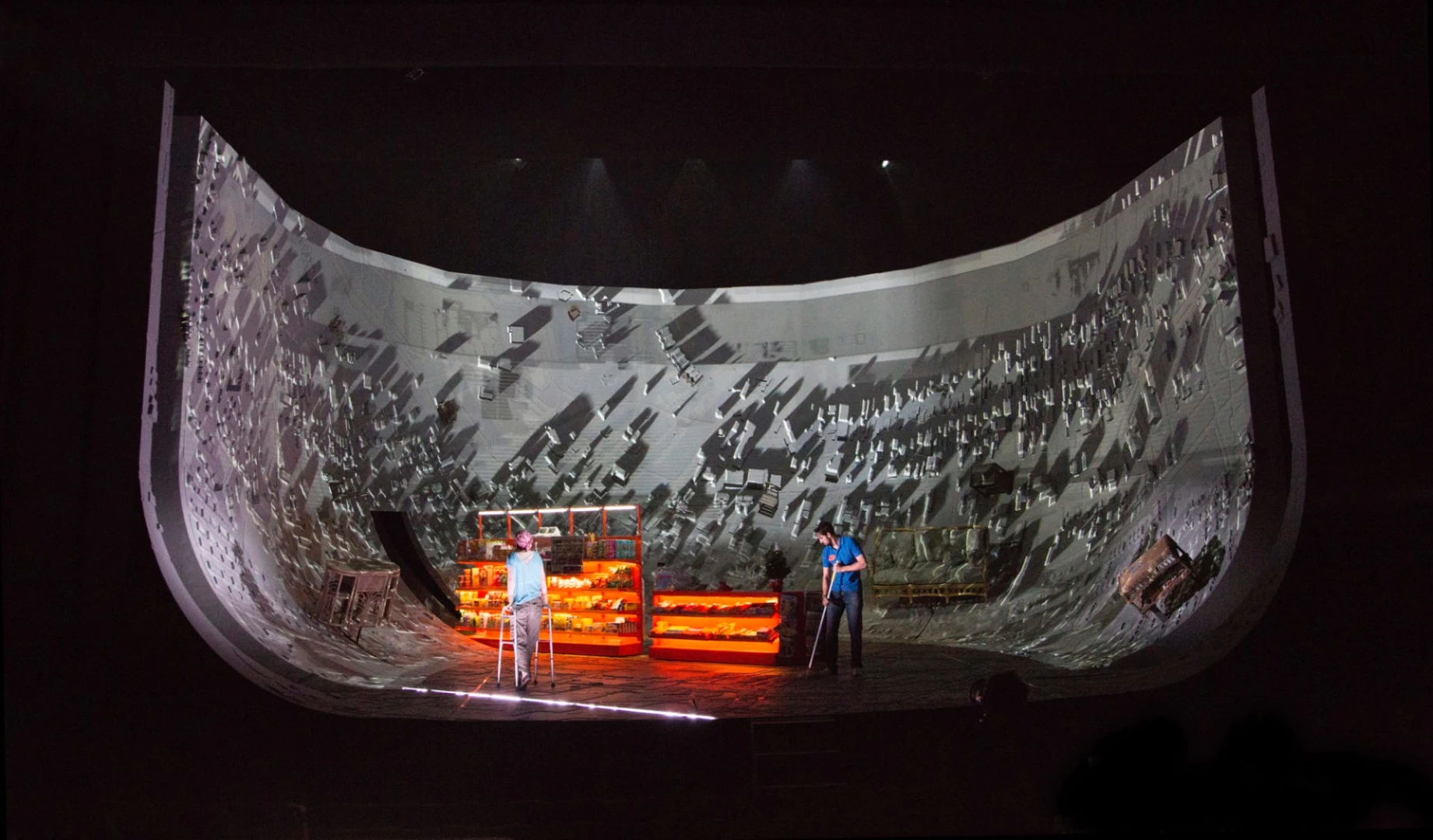 Set Design of the Year was awarded to ES Devlin for the play Ugly Lies The Bone. The bowl-shaped map allowed for dynamic projections to constantly morph the space into different iterations as the play progressed