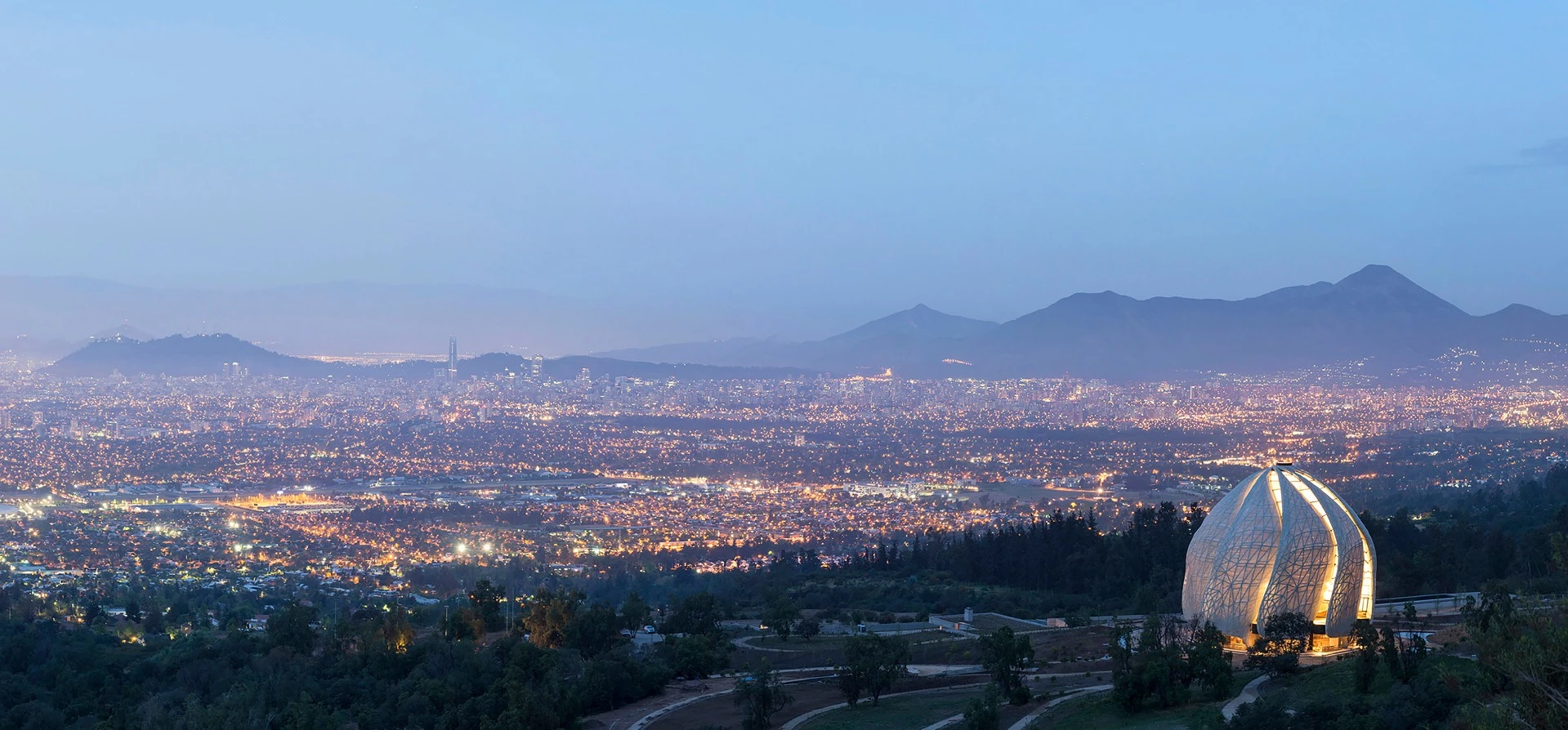 Panorama of Bahá’í Temple of South America looking over Santiago