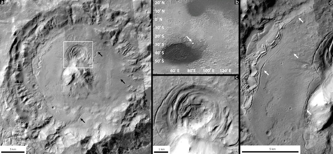 The funnel-shaped structure in the Hellas region, as seen from several different angles, might be a good place to search for microscopic Martian life