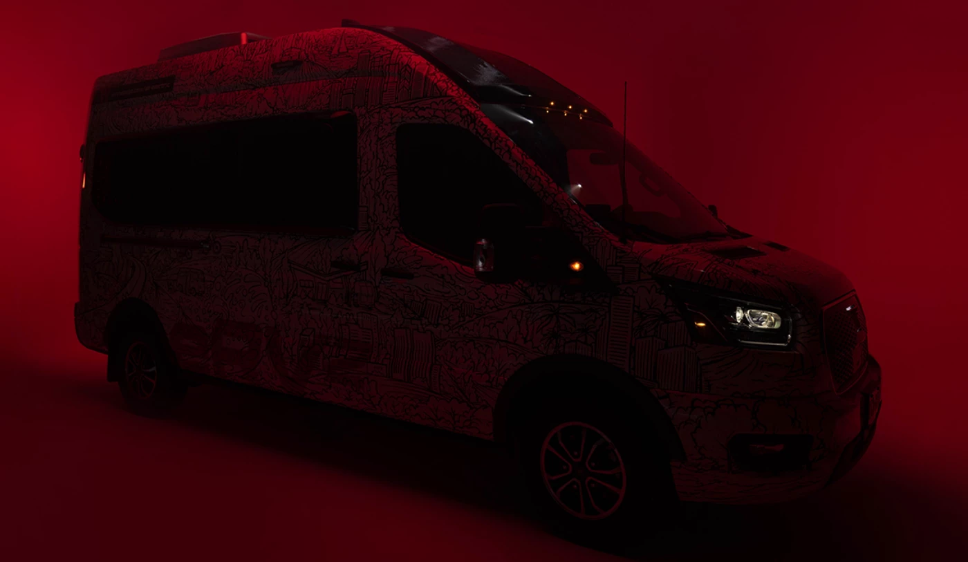 This profile shows a shorter overall length than the original eRV, along with what appears to be solar panels above the windshield