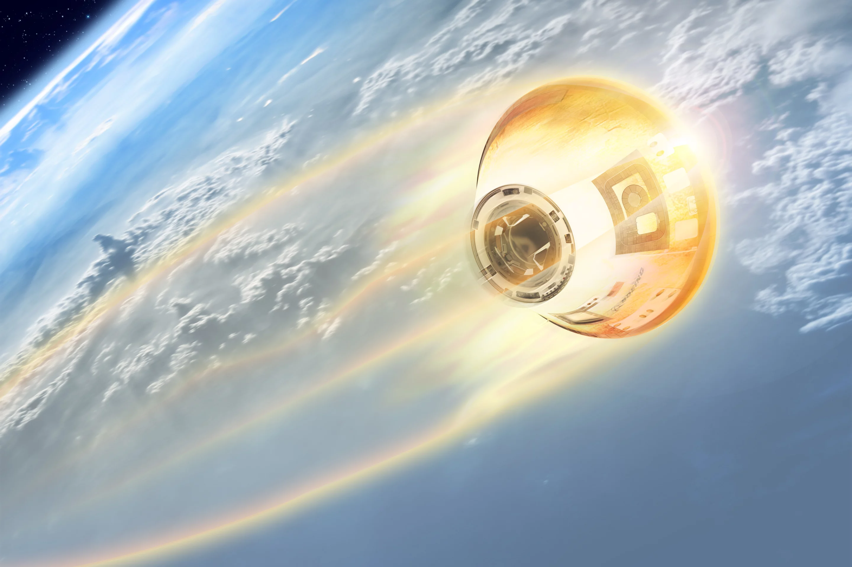 Artist's concept of the CST-100 re-entering atmosphere (Image; Boeing)
