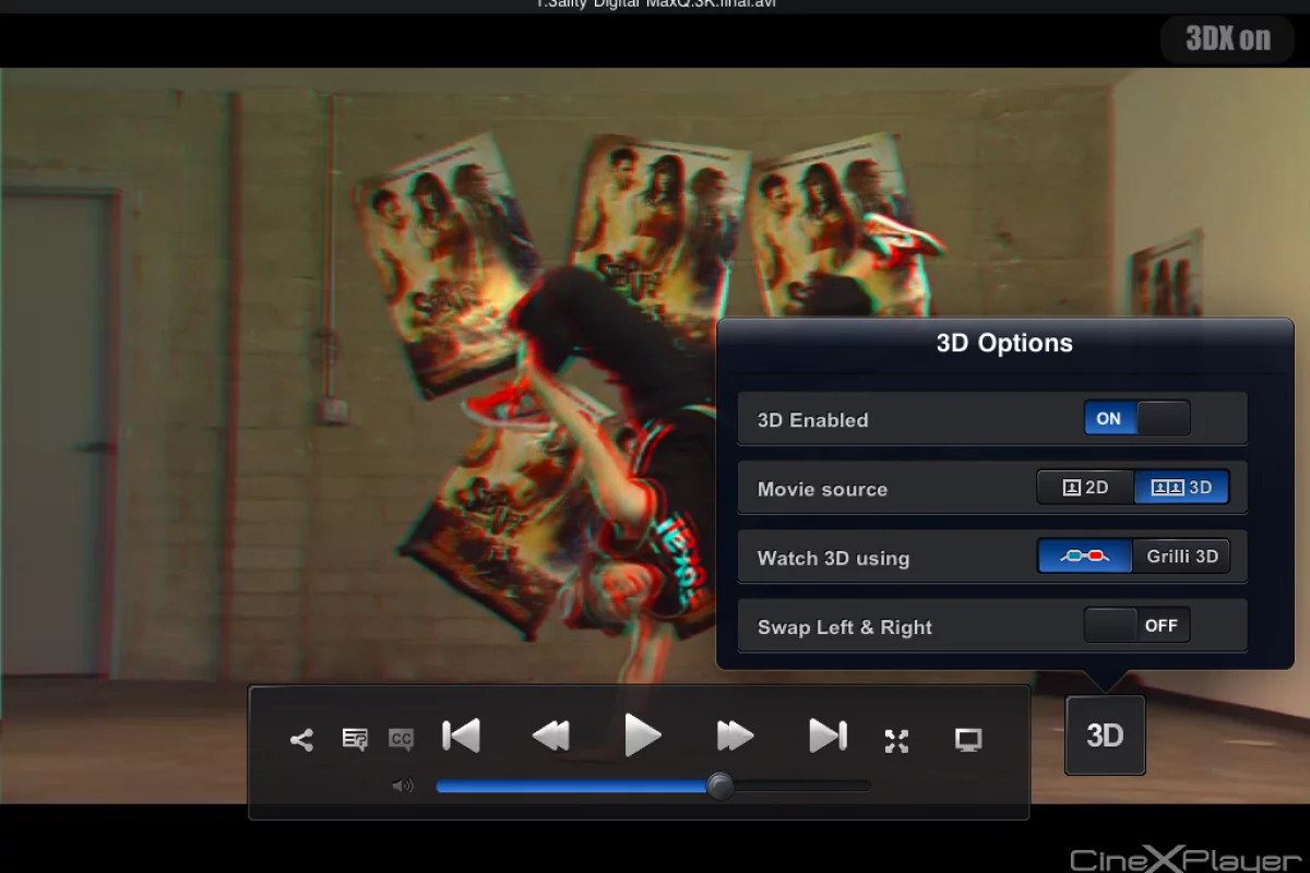 CineXPlayer supports anaglyph (above) 3D or glasses-free 3D using the GRilli3D screen overlay