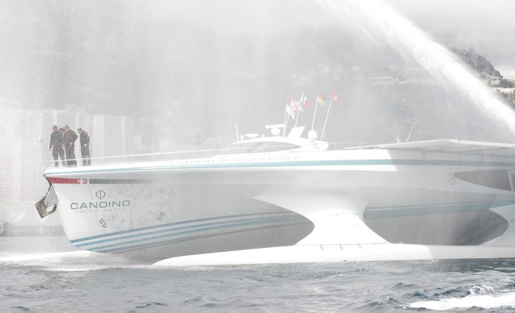 The TURANOR PlanetSolar, as it enters Monaco's Hercule Harbor