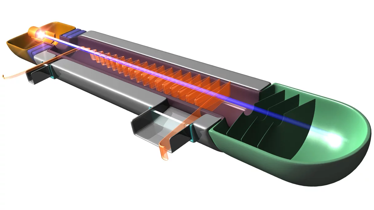 Millimeter wave vacuum tubes, including ones like the travelling wave tube (TWT) depicted here, amplify signals by exchanging kinetic energy in the electron beam (shown as a blue line) with electromagnetic energy (shown as a wave) in the signal