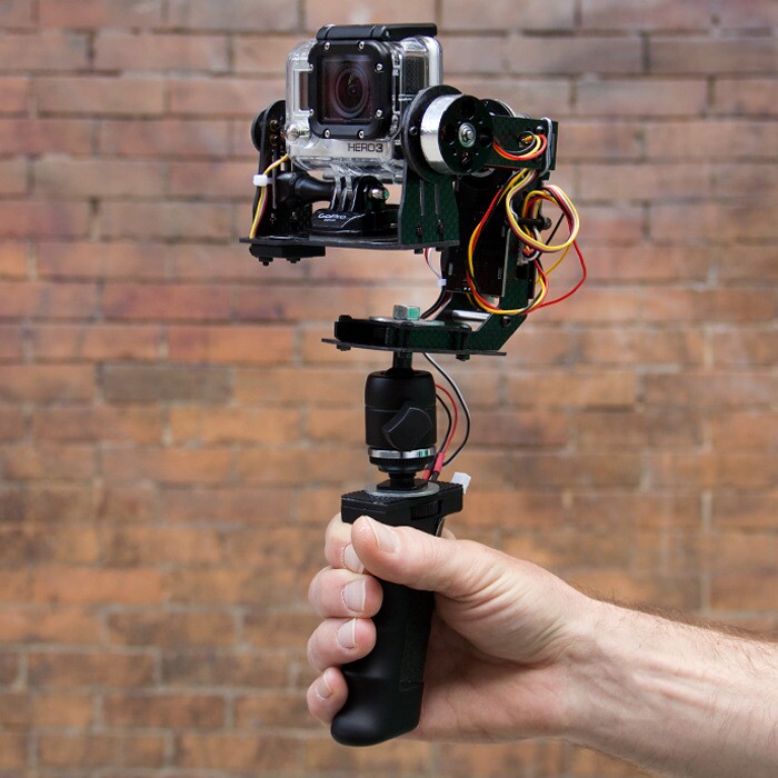 The STABiLGO utilizes a gyroscopic sensor, a 32-bit high-speed microcontroller, and two electric motors to keep the camera horizontally and vertically level at all times