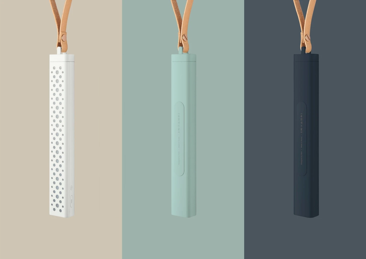 The Mstick is available in white, turquoise or blue