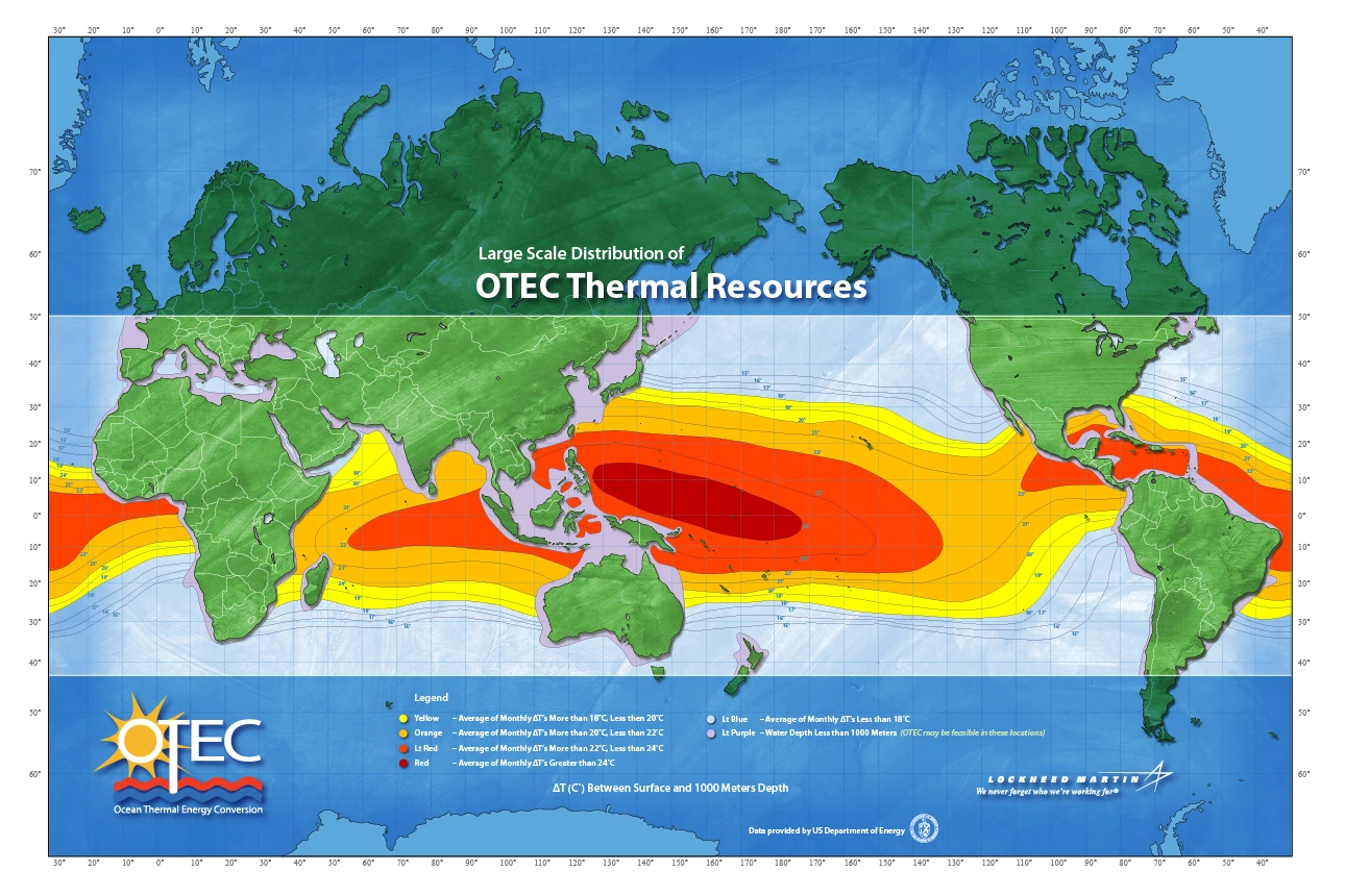 Tropical regions are considered the only viable locations for OTEC plants due to the greater temperature differential between the shallow and deep water