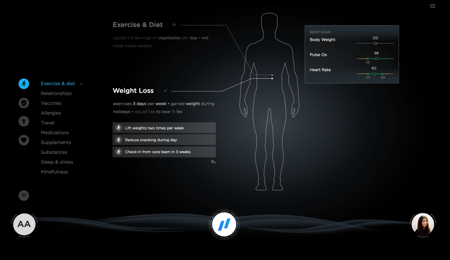 The exam room on-screen display integrates all the patient's data into an AI controlled touchscreen interface
