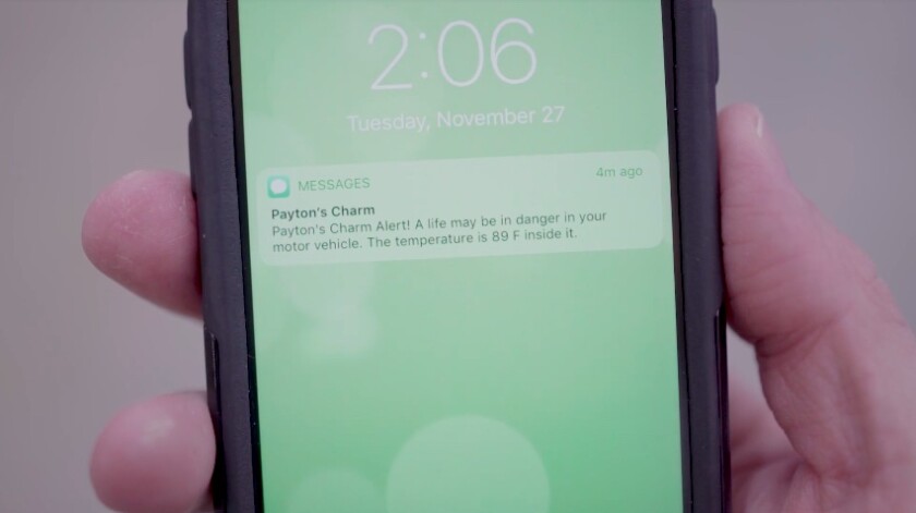 If CO2 levels indicate that a child or pet is present (and exhaling) inside the vehicle, and if the temperature climbs dangerously high, Payton's Charm sends a text alert to the user's smartphone