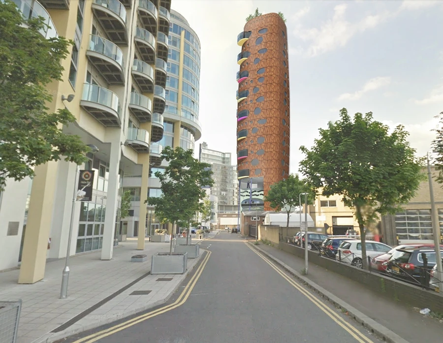 The extended building will feature a curved and tapered tower at the top with multi-colored balconies and porthole-like windows