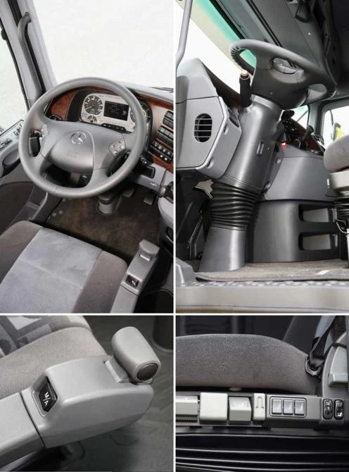 The Mercedes-Benz Safety Truck is also equipped with a variety of safety features to further enhance driver-fitness safety and passive safety levels. The ideal ergonomics of the Actros cab exemplifies this, with its adjustable steering wheel, shift knob i