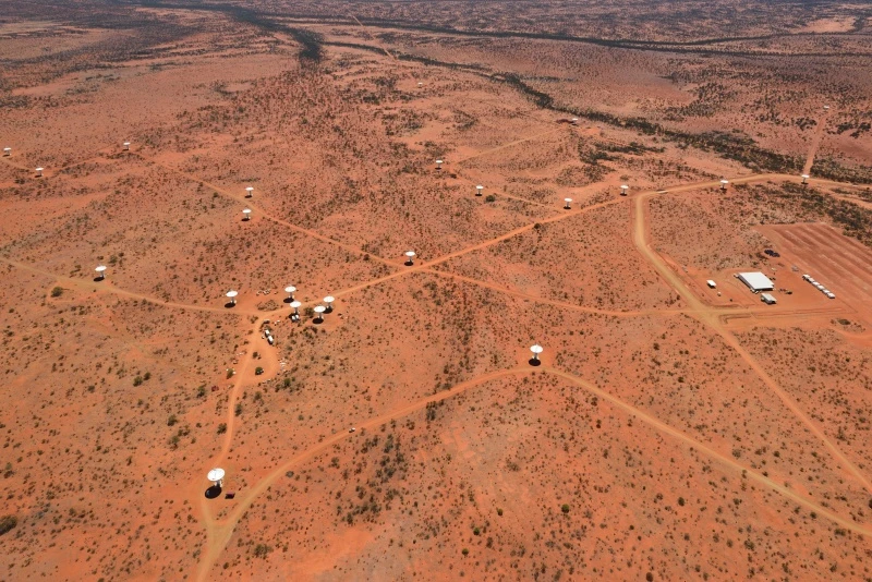 An aerial view Murchison Radio-astronomy Observatory, featuring ASKAP telescopes